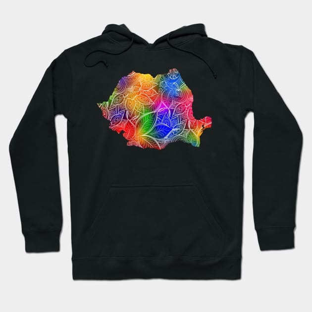 Colorful mandala art map of Romania with text in multicolor pattern Hoodie by Happy Citizen